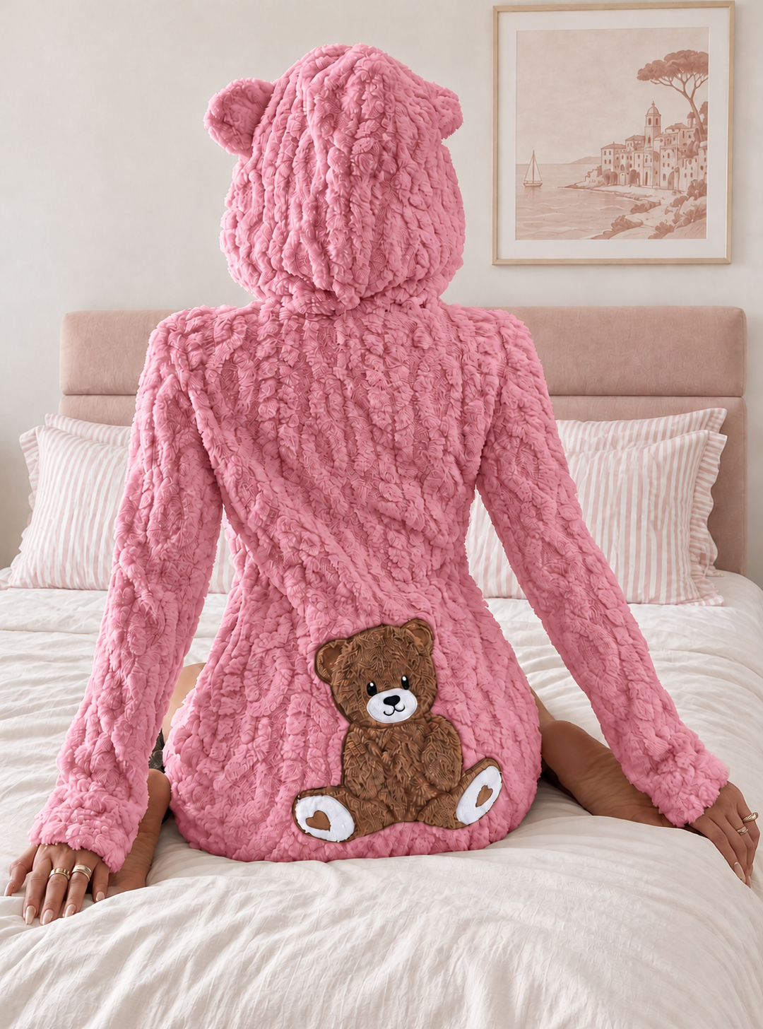 Hourglass Teddy Romper in pink, seated view — styled setting, digitally recolored preview