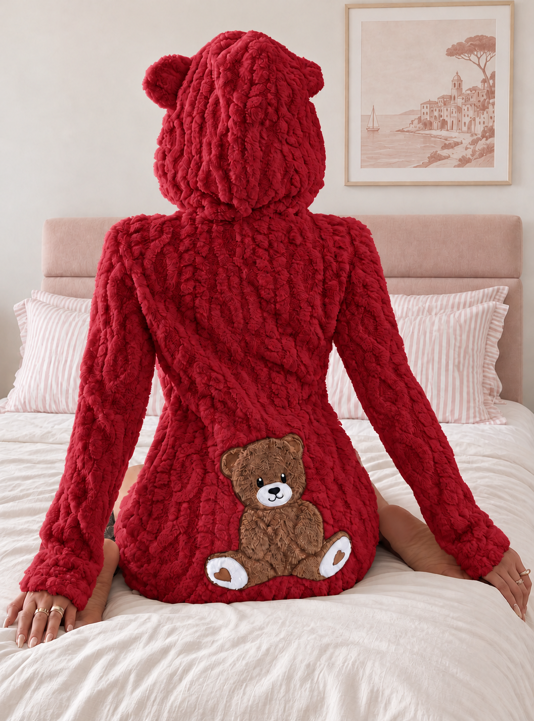 Hourglass Teddy Romper in red, seated view — styled setting, digitally recolored preview