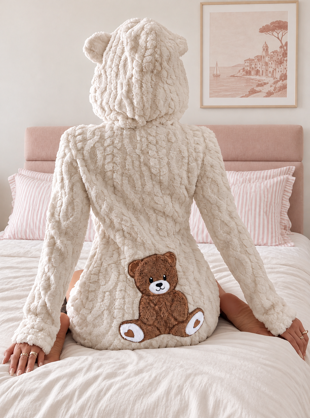Hourglass Teddy Romper in white, seated view — styled setting